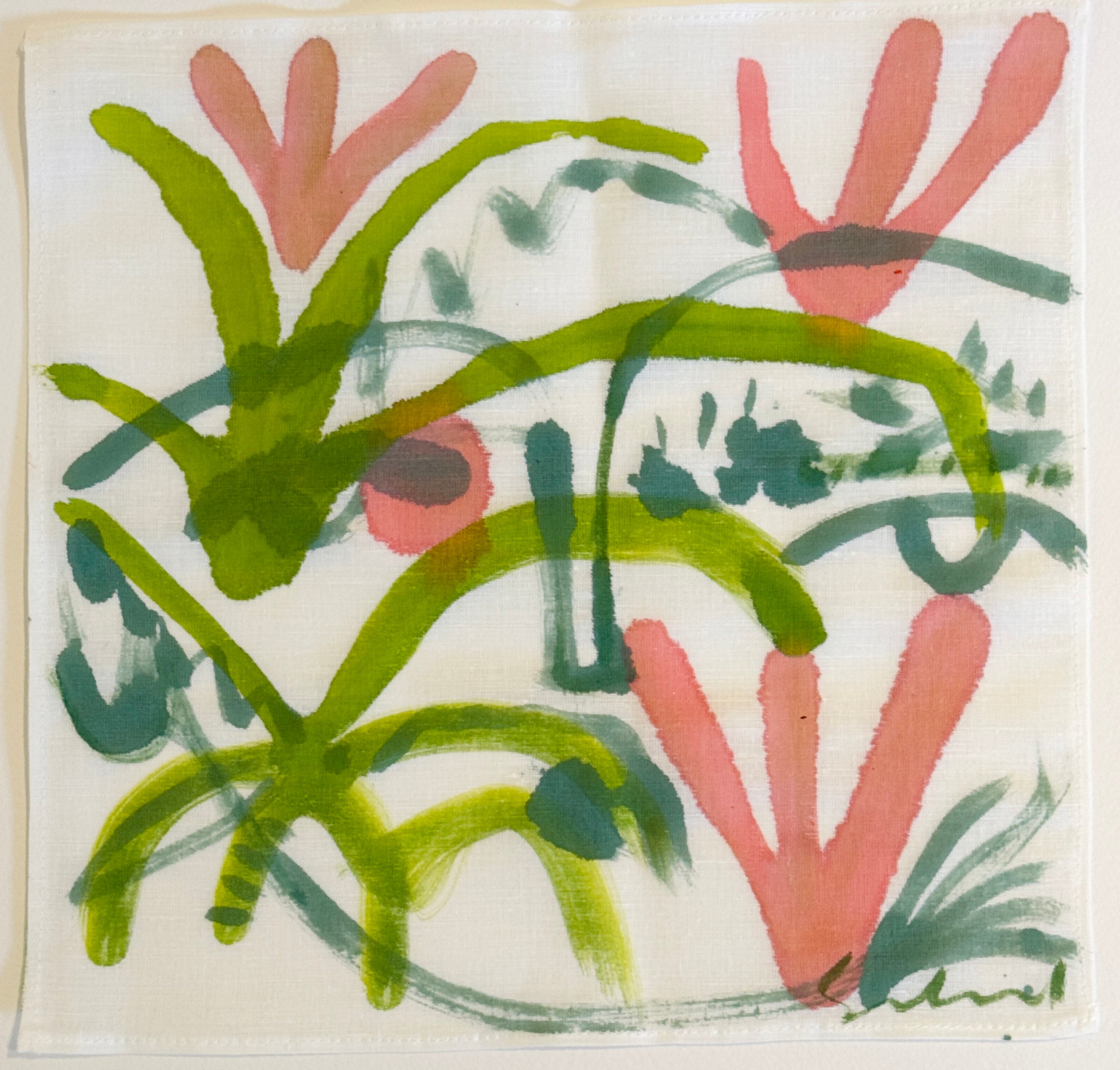 Hand Painted Linen Handkerchief 4 - 12 x 12